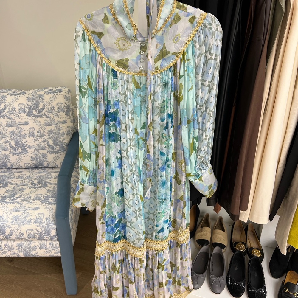 Floral Long Sleeve Dress - Blue and Green